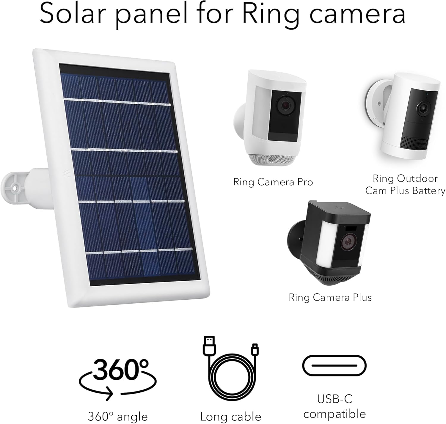 Solar Panel Compatible with Ring Spotlight Cam Plus/Pro/Battery, and Ring Stick up Cam Battery - Includes Barrel Plug with USB C Adapter - 2W 5V Charging (3 Pack, White)